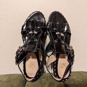 Joan & David Black Patent Leather Fridge Tasseled Boho Sandals 7.5